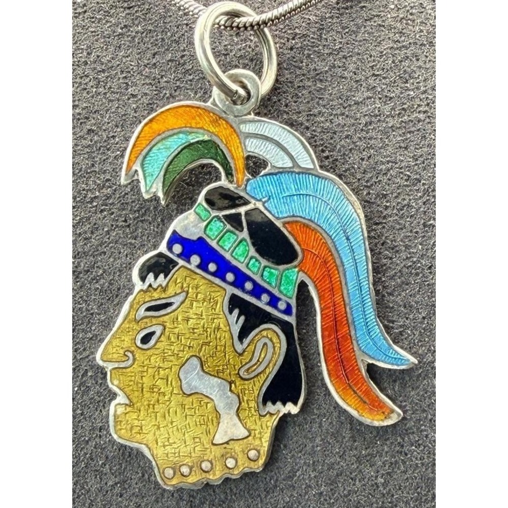 Vintage Taxco Aztec Pendant Necklace Guilloche Enamel Eagle 15 Sterling Silver